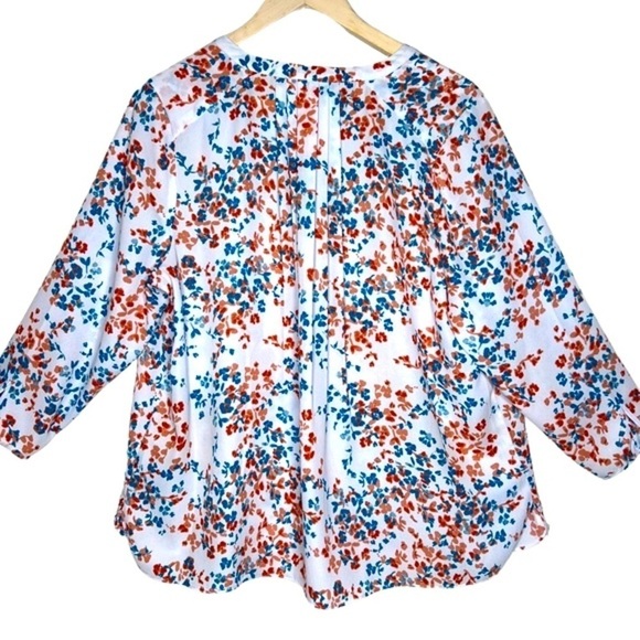 NYDJ White Peach Floral Print V Neck 3/4 Sleeve Pintuck Blouse Size Large P NWOT - Picture 4 of 14